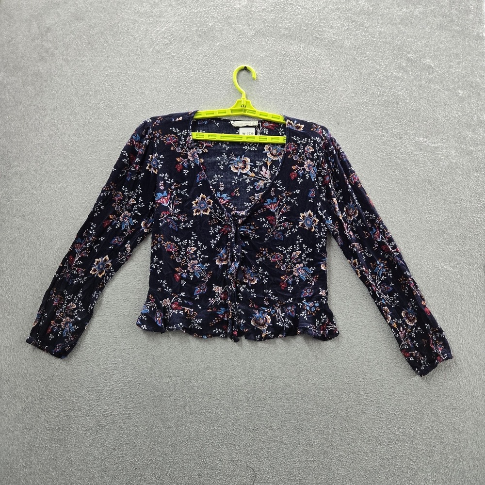 Abercrombie & Fitch Women Blouse L Navy Floral Ruffle V-Neck Button Front